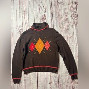 JEANNE PIERRE Brown Argyle Turtleneck Sweater